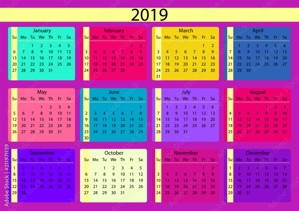 Calendar 2019. Calendar grid 2019 year. Colorful calendar. Pink, blue