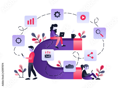 Vector ultraviolet illustration of attracting online customers. Big magnet and people with laptop around. Customer retention strategy, digital inbound marketing, customer attraction gradient banner.