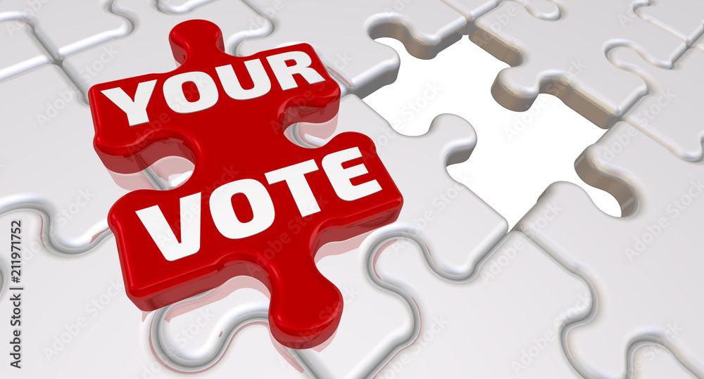 Your vote. The inscription on the missing element of the puzzle. Folded white puzzles elements and one red with text: YOUR VOTE. 3D Illustration Your vote. The inscription on the missing element of the puzzle. Folded white puzzles elements and one red with text: YOUR VOTE. 3D Illustration
