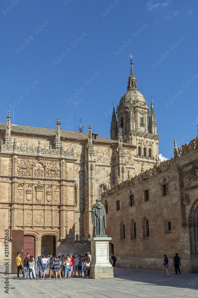 turistas observando la fachada plateresca de la universidad de Salamanca