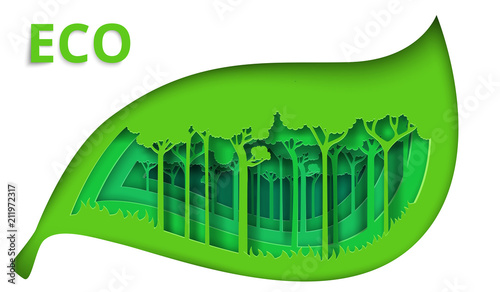 Eco green leaf with forest pattern. Paper art style.