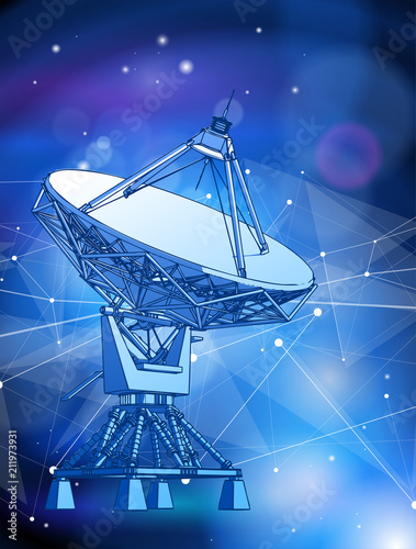 Satellite Dishes Antenna - doppler radar, digital wave and blue technology background - abstract illustration of science, astronomy, information technology, network solutions and digital technologies