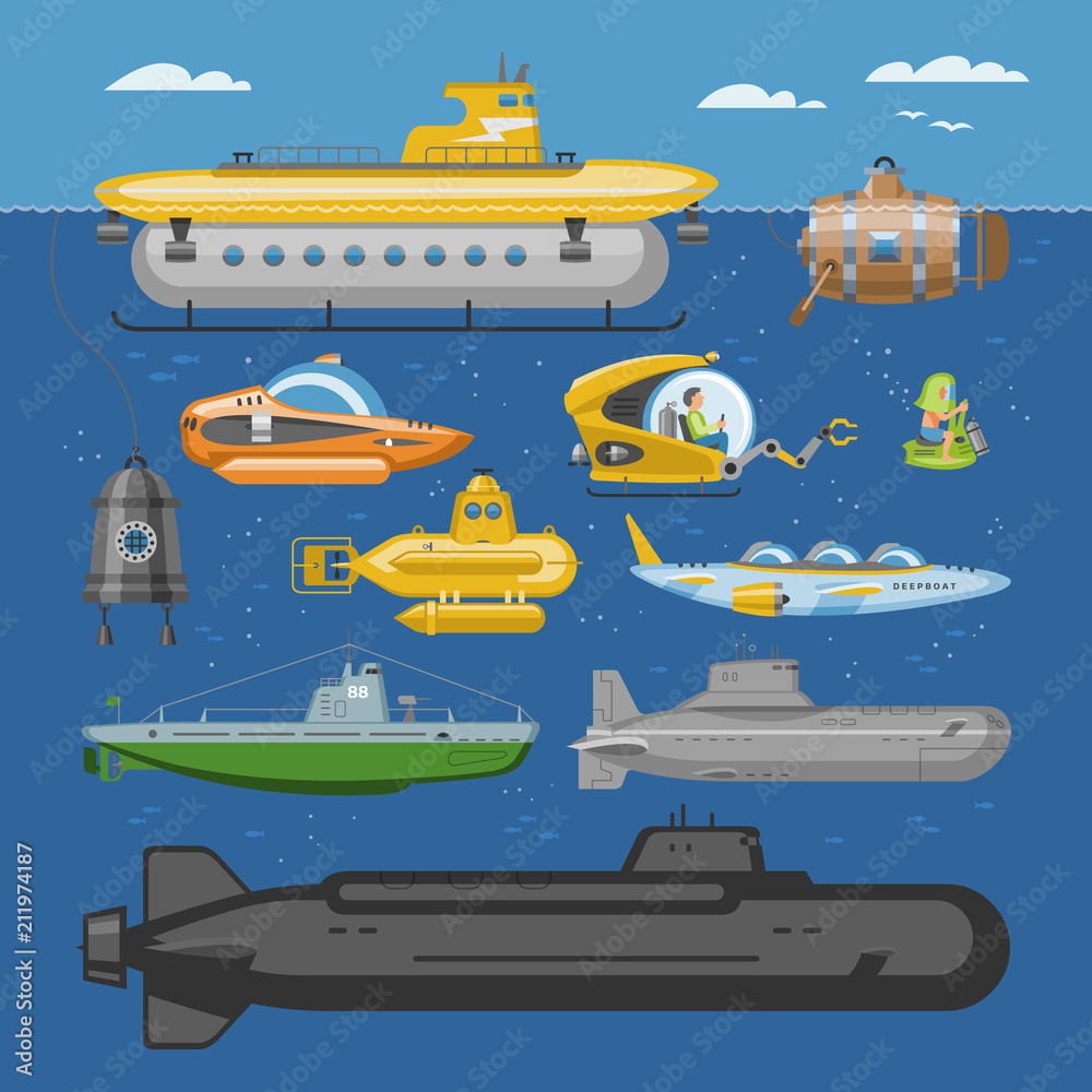 Submarine vector sea pigboat or marine sailboat underwater and ship transport in deep ocean illustration nautical set of shipping boat with periscop transportation isolated on background