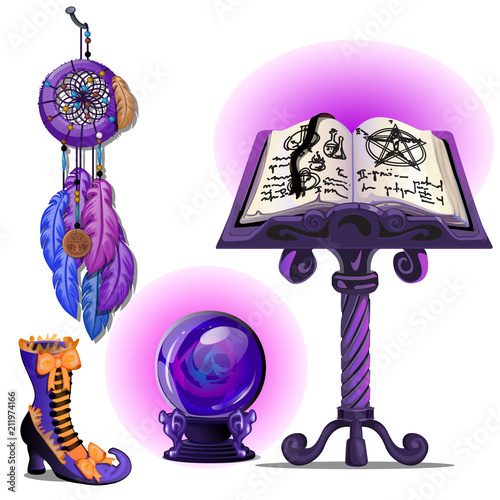 Magical book with spells and the pentagram, glass ball Ouija, Dreamcatcher and magic boots. Sketch for greeting card, festive poster or party invitations. The attributes of the holiday of Halloween.