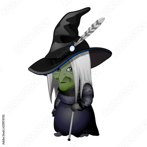 Old witch with green face and walking stick isolated on white background. Sketch for greeting card, festive poster or party invitations. The attributes of the holiday of evil spirit Halloween. Vector.
