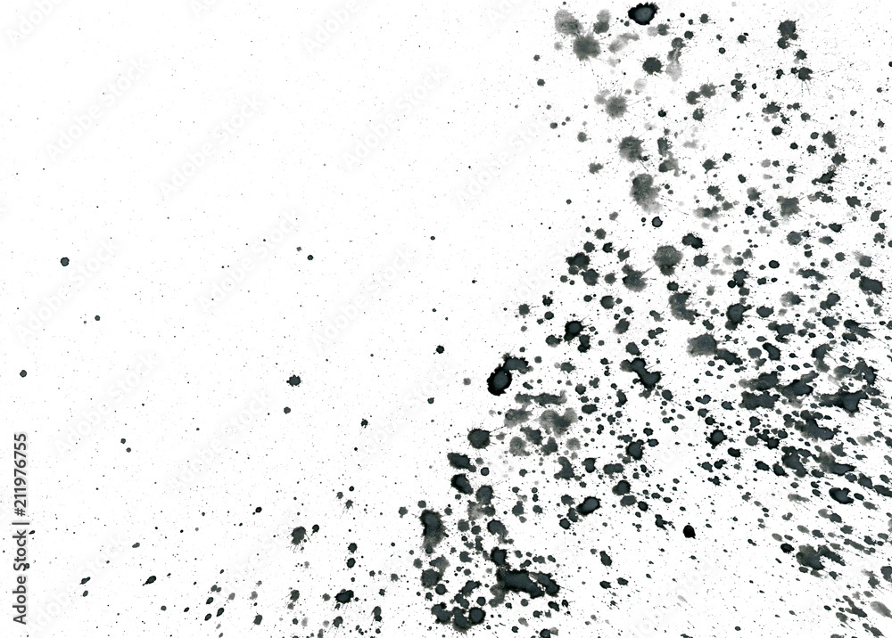 Black paint stains texture. Ink blots isolated on white background. Abstract watercolor splashes. Grunge backdrop