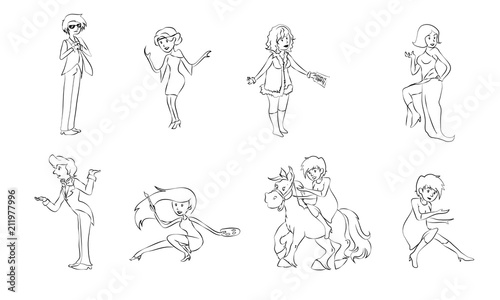 waiter office worker Man girls in evening gowns artist woman on horseback, the woman is sitting woman with documents cartoon vector animated characters, painted people, office workers, men and women, 