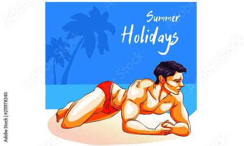 man on the beach in swimming trunks, young man running on the beach to ocean to swim