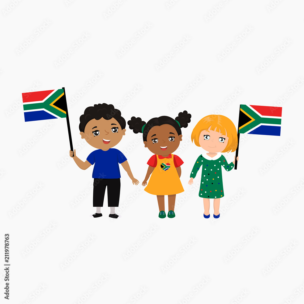 Vector illustration of three cartoon kids with the flags of South Africa.  Stock Vector | Adobe Stock