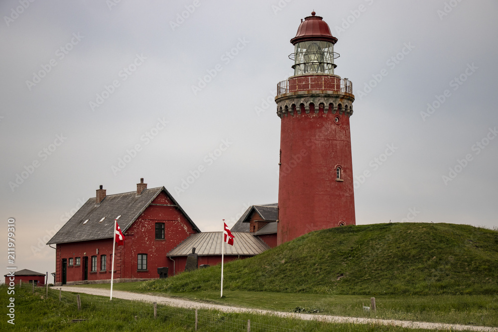 Red lighthouse, on the shore in Denmark