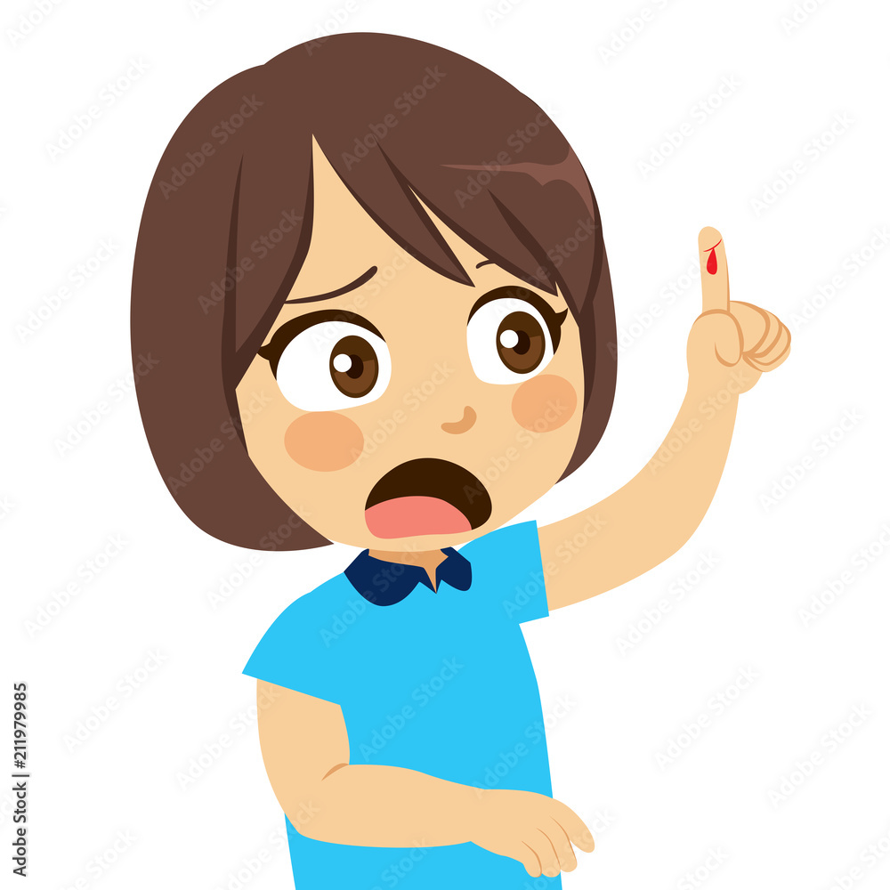 Cute little girl with arm up showing cut hurt bleeding finger Cute little girl with arm up showing cut hurt bleeding finger