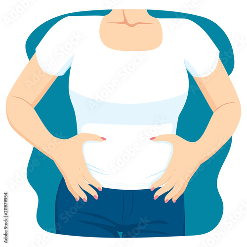 Close up illustration of female hands on stomach constipation health concept