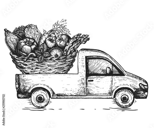 Delivery truck hand drawn vector illustration. Sketch concept for design. Vegetables in the basket. Fast delivery of fresh vegetables.