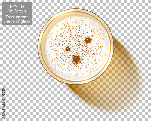 Top view on Glass of Beer isolated on transparent background. Beer Mug filled of lager with foamy bubbles. Realistic shadow of transparent glass for use with any backdrop. Vector Illustration. No Mesh