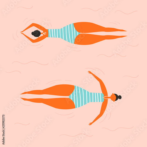 Girl swimming and relaxing on the back and abdomney in the water. Woman, wearing blue striped swimsuit on the pink water background. Seaside, beach or swimming pool. Vector cartoon flat illustration