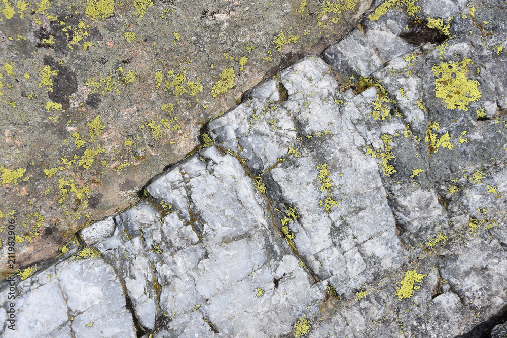 Close up directly above view of mountain rock, grеy mineral with crystal structure, cracks and spots of yellow Alpine lichen Close up directly above view of mountain rock, grеy mineral with crystal structure, cracks and spots of yellow Alpine lichen