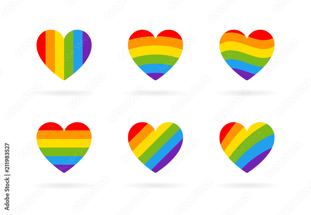 Pride LGBT heart vector icon set, Lesbian gay bisexual transgender concept love symbol. Collection of Color rainbow flag. Flat design signs isolated on white background Pride LGBT heart vector icon set, Lesbian gay bisexual transgender concept love symbol. Collection of Color rainbow flag. Flat design signs isolated on white background