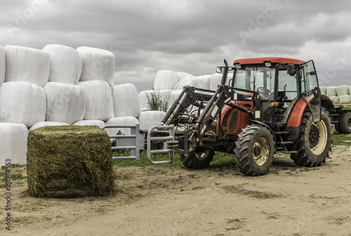Unpacked from the membrane a silage bale and a tractor with a forklift near the barn. Good food for cows. Dairy farm. Podlasie, Poland.