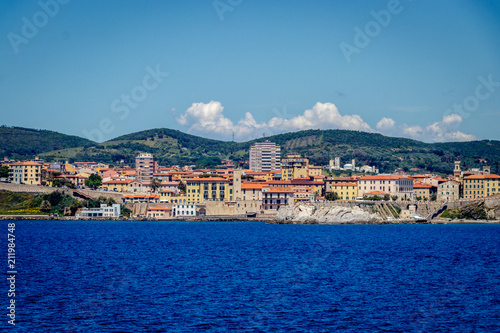 The town of Portoferraio seen from the Ferry coming from Piombino. Portoferraio is a town and comune in the province of Livorno  on the edge of the eponymous harbour of the island of Elba. 