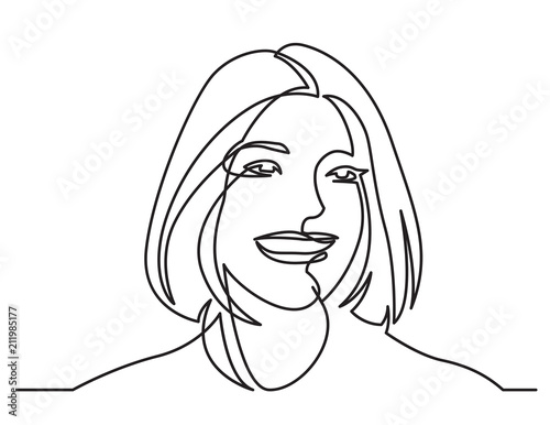 continuous line drawing of happy woman portrait on white background
