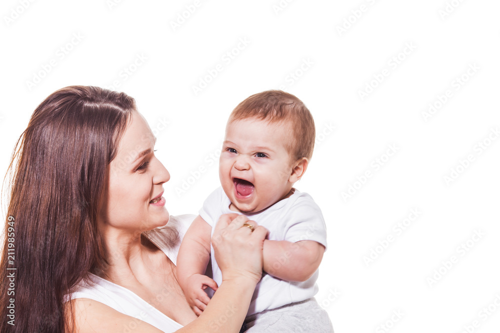 Small cute baby laughing in mother's hand Small cute baby laughing in mother's hand