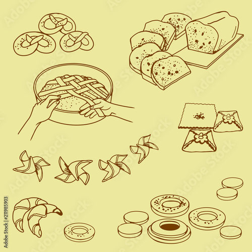 Stages of preparation of a cake on a beige background