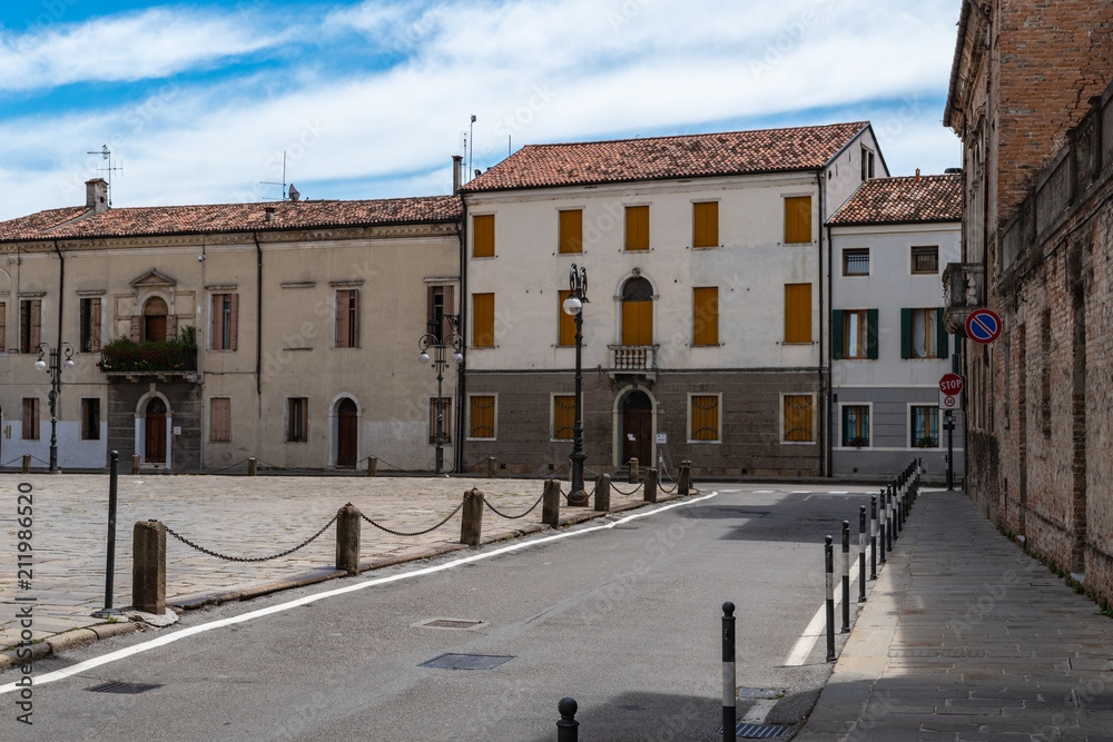 Peaceful place with houses surrounding a square in the ancient city of Este, Padua, Italy