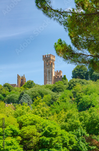 The ruins of castle Scaligero surrounded by trees at Valeggio Sul Mincio, Verona, Italy
