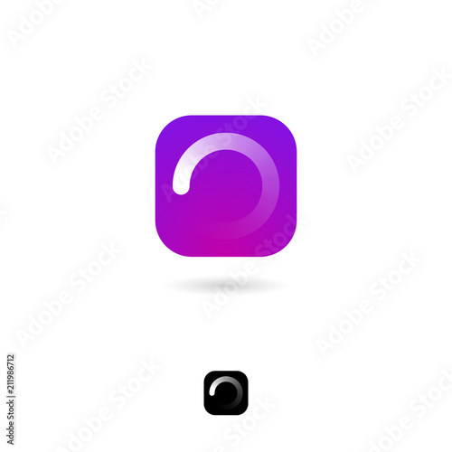 Loading, UI icon. White circular loading emblem on purple background. Waiting, expectant pictogram. Rounded square symbol with shadow. Web button. Monochrome option.
