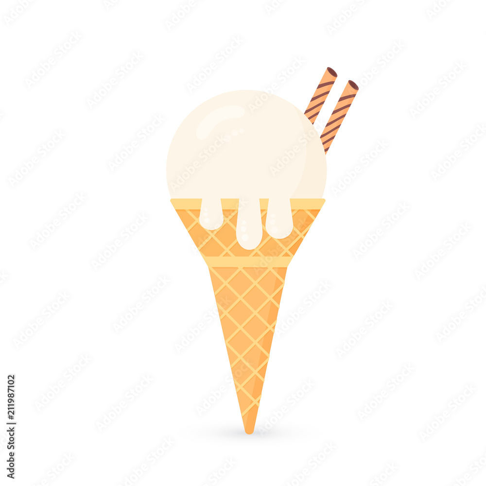 Vanilla ice cream icon isolated on white background. Waffle cone with icecream ball. Flat cartoon vector illustration. Concept of summer sweets and desserts. Vanilla ice cream icon isolated on white background. Waffle cone with icecream ball. Flat cartoon vector illustration. Concept of summer sweets and desserts.