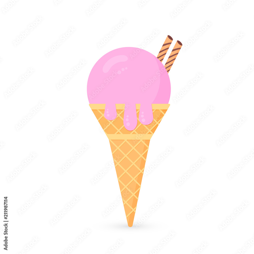 Strawberry flavor ice cream icon isolated on white background. Waffle cone with icecream ball. Flat cartoon vector illustration. Concept of summer sweets and desserts. Strawberry flavor ice cream icon isolated on white background. Waffle cone with icecream ball. Flat cartoon vector illustration. Concept of summer sweets and desserts.