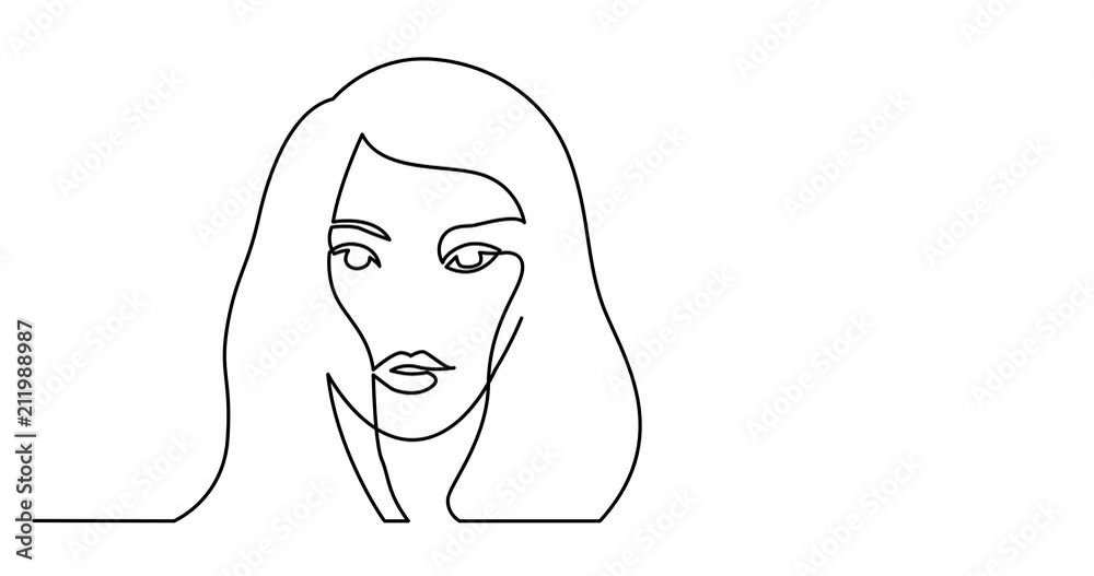 Animation of continuous line drawing of long hairstyle woman portrait