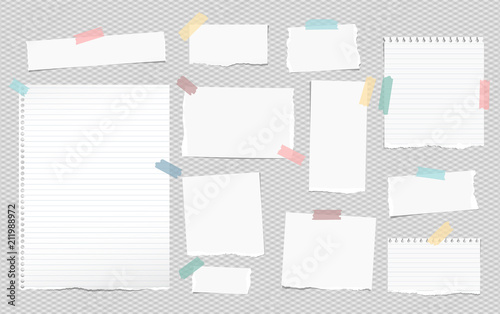 White lined note, notebook paper pieces with torn edges stuck on squared gray backgroud. Vector illustration.