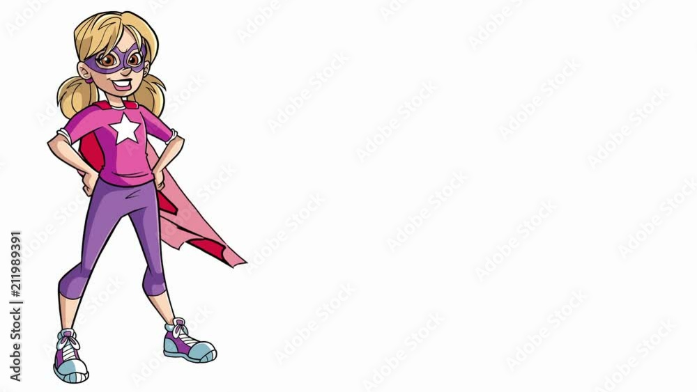 Little Super Girl on White / Seamless looping animation of a super heroine girl smiling happy while wearing a red cape against white background for copy space. Alpha channel included. Little Super Girl on White / Seamless looping animation of a super heroine girl smiling happy while wearing a red cape against white background for copy space. Alpha channel included.