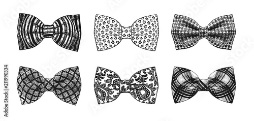 The monochrome set of stylish bow ties on a white background. Vector illustration.