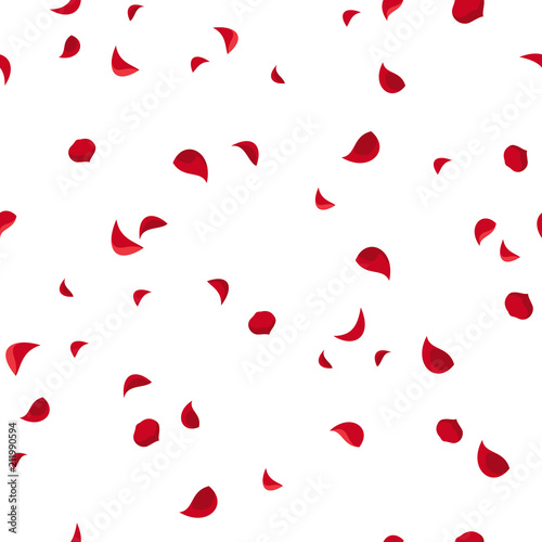 Vector seamless pattern with red rose petals on white. 