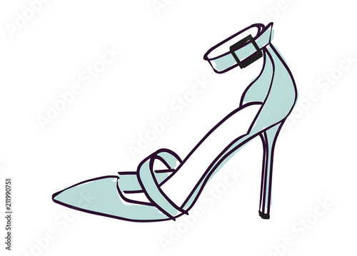 High heel shoe. Mint blue stiletto vector illustration isolated on white. Hand drawn design element. Shoe sketch for cards, stickers,  scrapbooking, stationery and more. Fashion, style.