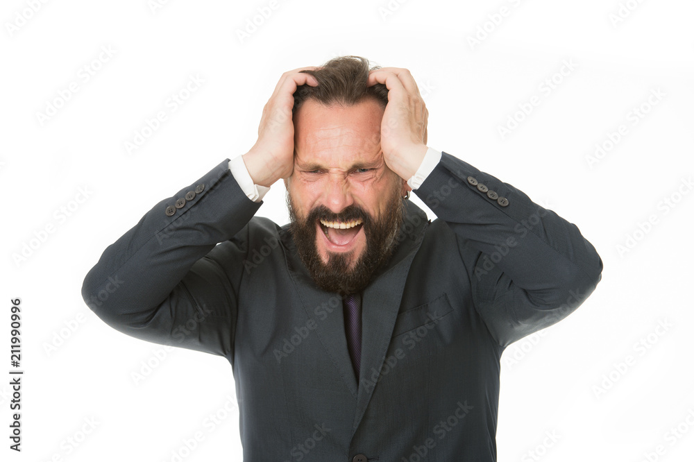 Failed again. Frustrated business man hold hands on head and keep eyes closed while stand against white background. Businessman feel pain headache stressful day. Stressful business life Failed again. Frustrated business man hold hands on head and keep eyes closed while stand against white background. Businessman feel pain headache stressful day. Stressful business life