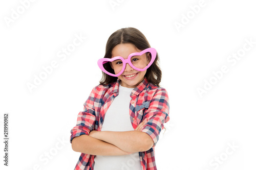 I like you. Kid happy lovely feels sympathy. Kid girl heart shaped eyeglasses confident. Girl curly hairstyle adorable smiling face. Child charming smile isolated white background. First love © be free