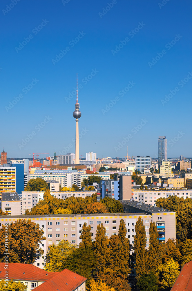 View of Eastern Berlin with television tower on Alexanderplatz and city skyline