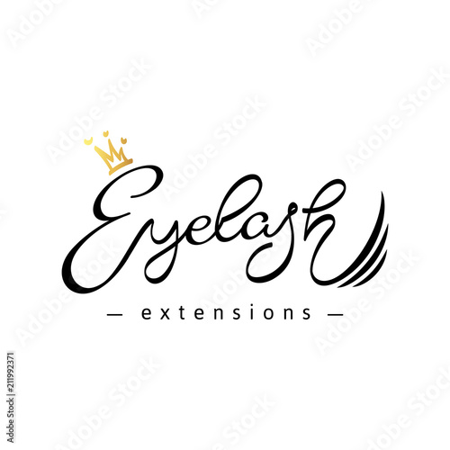 Eyelash extension logo. Handwritten lettering with a gold crown. Vector illustration in a modern style