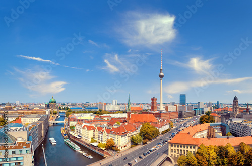 Aerial view of central Berlin on a bright day  including river Spree and television tower at Alexanderplatz