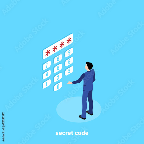 a man in a business suit enters a secret code on the screen, an isometric image