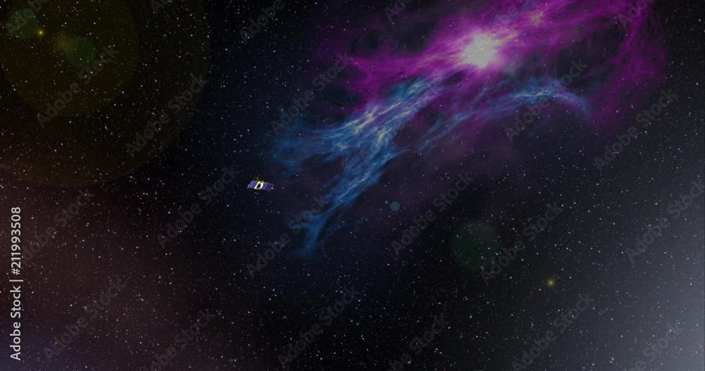 Long shot with lens effects and nebulae: the Maven spacecraft travelling through empty space . Reversible, can be rotated 180 degrees. Elements of this image furnished by NASA.