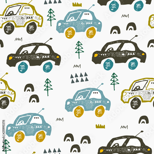 Pattern with cars. Hand drawn autos on the road. Scandinavian style design. Decorative abstract art.