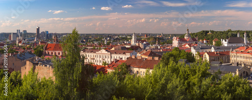 Aerial panoramic view over Old town of Vilnius and skyscrapers of New Center, Lithuania, Baltic states.