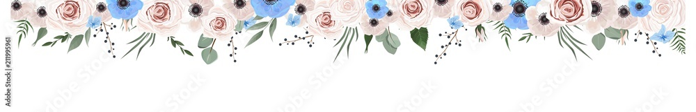 Obraz Horisontal botaniczny projekt wektor banner. Różowa róża, eukaliptus, sukulenty, kwiaty, zieleń. Karta lub ramka z naturalnej wiosny.