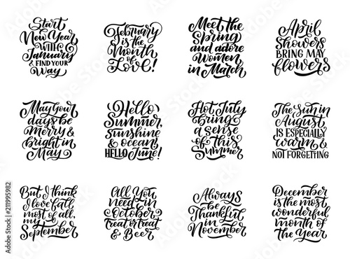 Set of compositions for every months, calendar template. Hand drawn lettering quotes for calendar design, illustration
