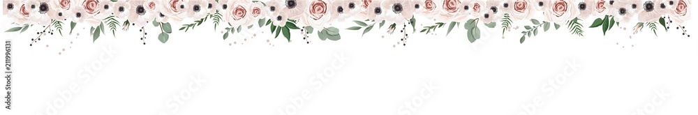 Obraz Horyzontalny botaniczny wektorowy sztandaru projekt. Różowa róża, eukaliptus, sukulenty, kwiaty, zieleń. Karta lub rama z naturalnej wiosny.