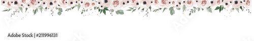Horisontal botanical vector design banner. Pink rose, eucalyptus, succulents, flowers, greenery. Natural spring card or frame.